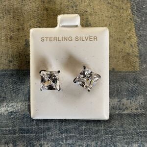 Sterling Silver 925 JCM Princess Cut Clear Square Cz Stud Earrings